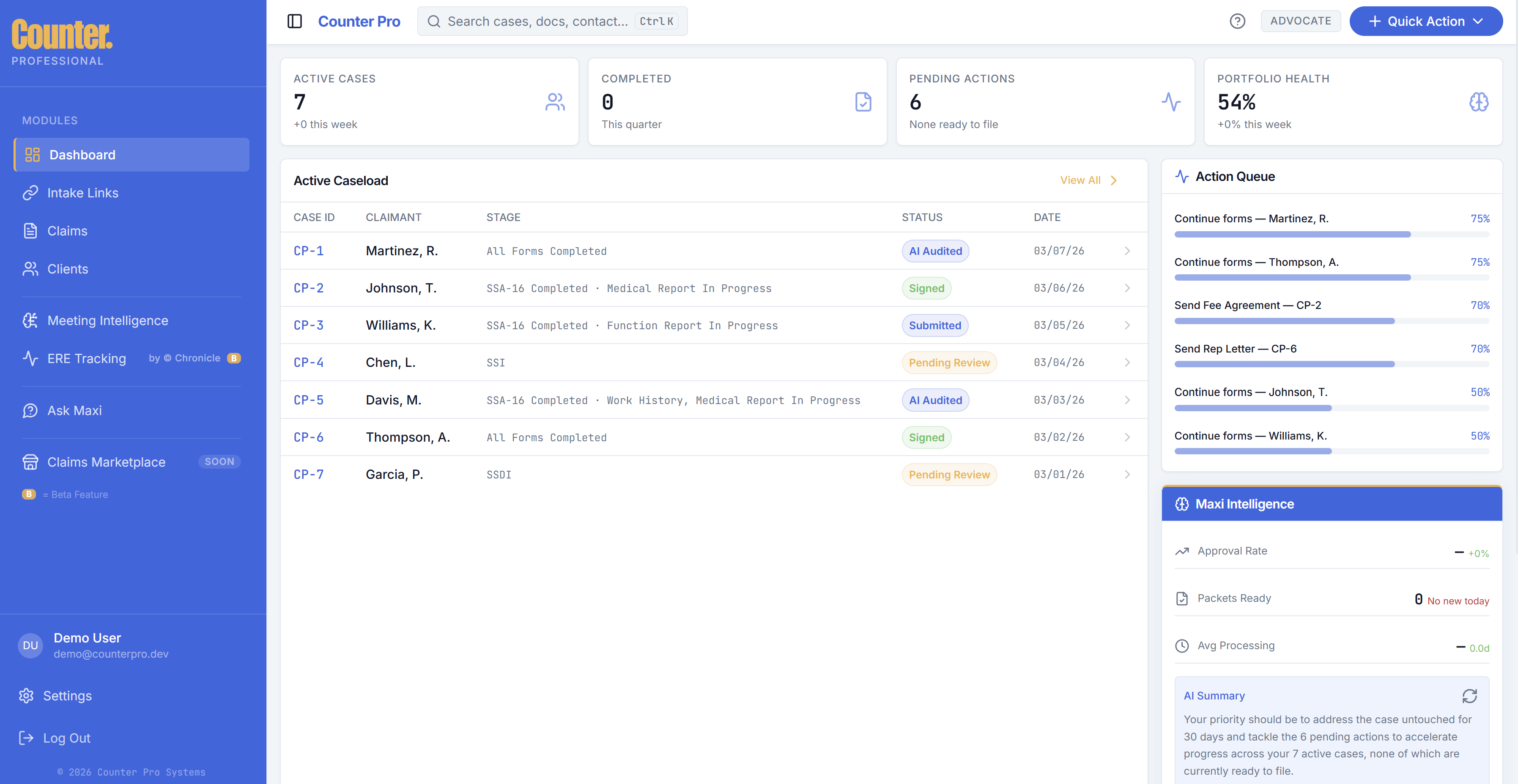 Advocate app overview with sidebar and dashboard