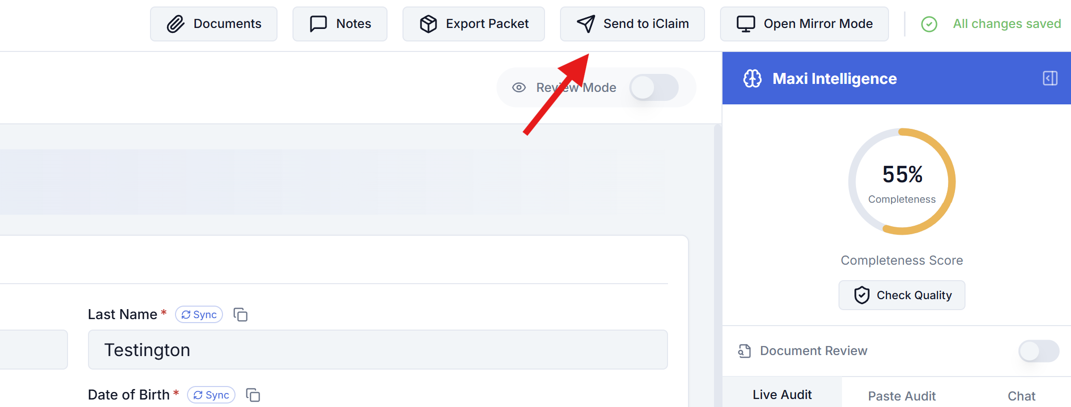 Send to iClaim button in advocate intake workspace