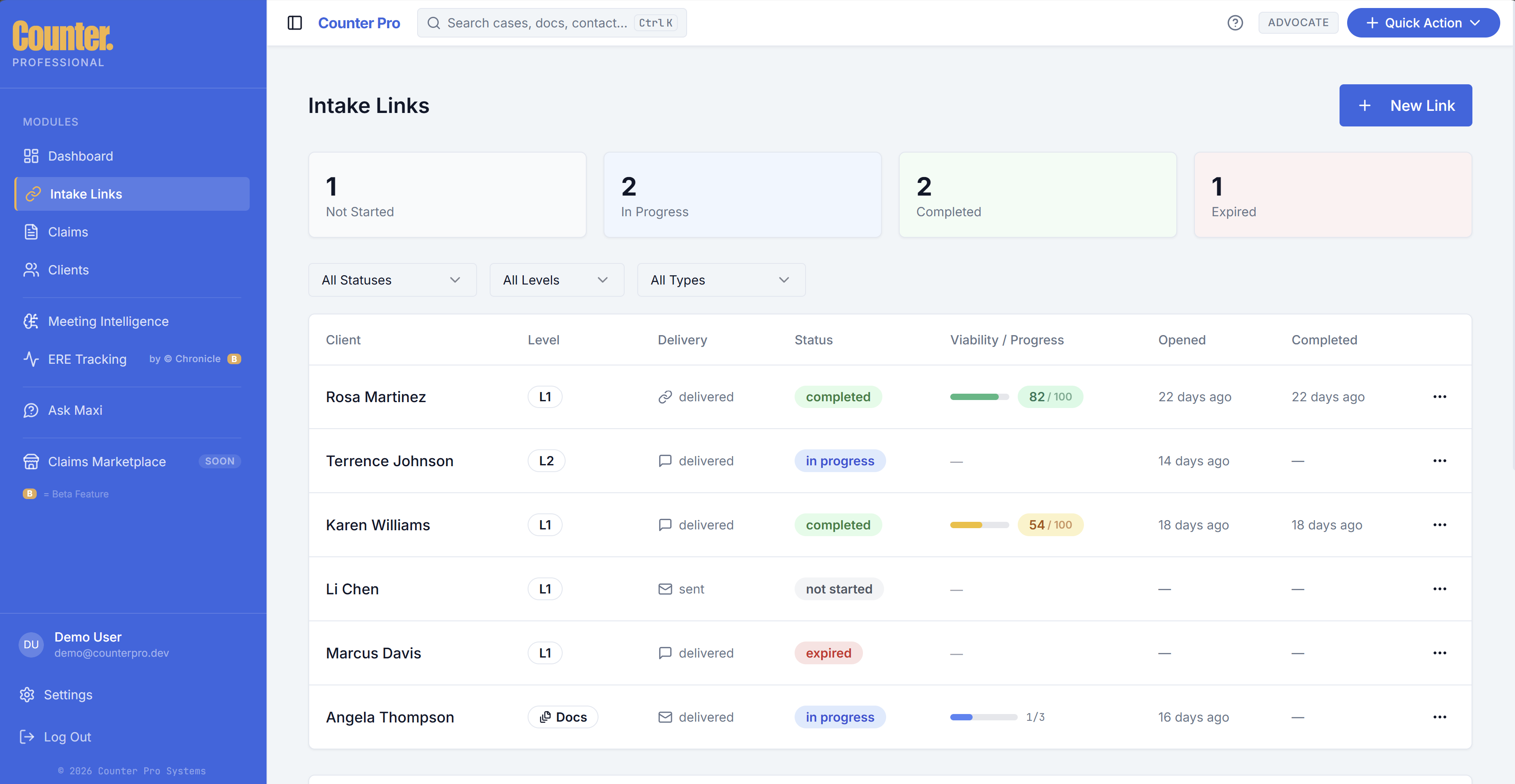 Advocate Intake Links page