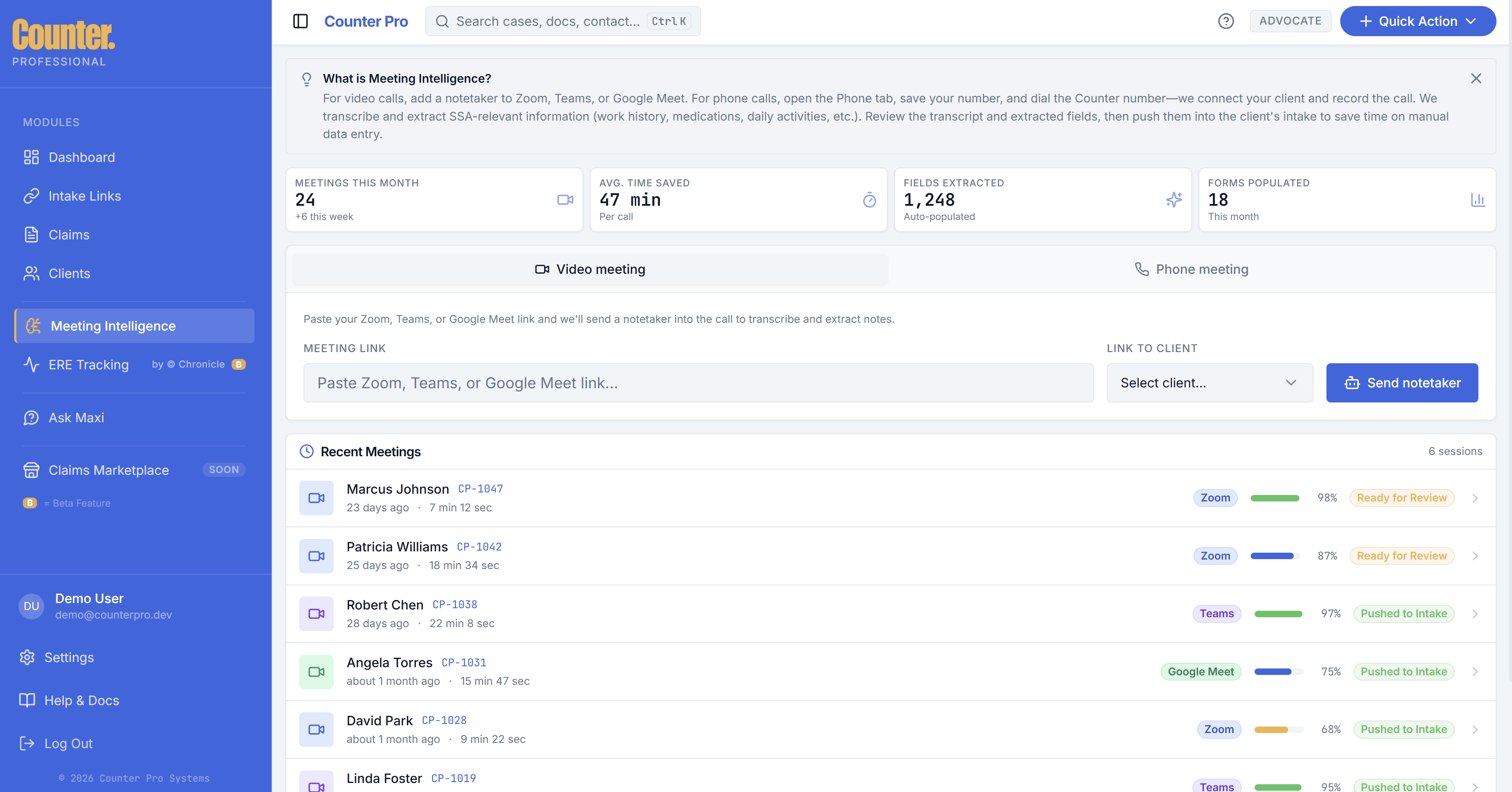 Meeting Intelligence with Video meeting tab selected