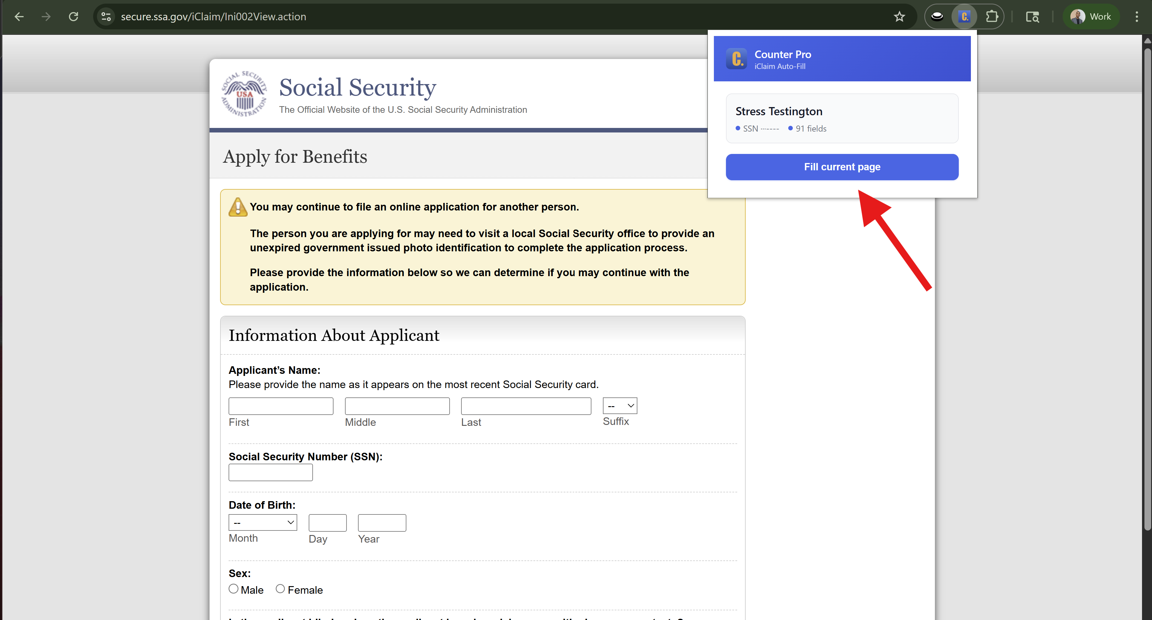 Counter Pro iClaim extension filling an SSA form