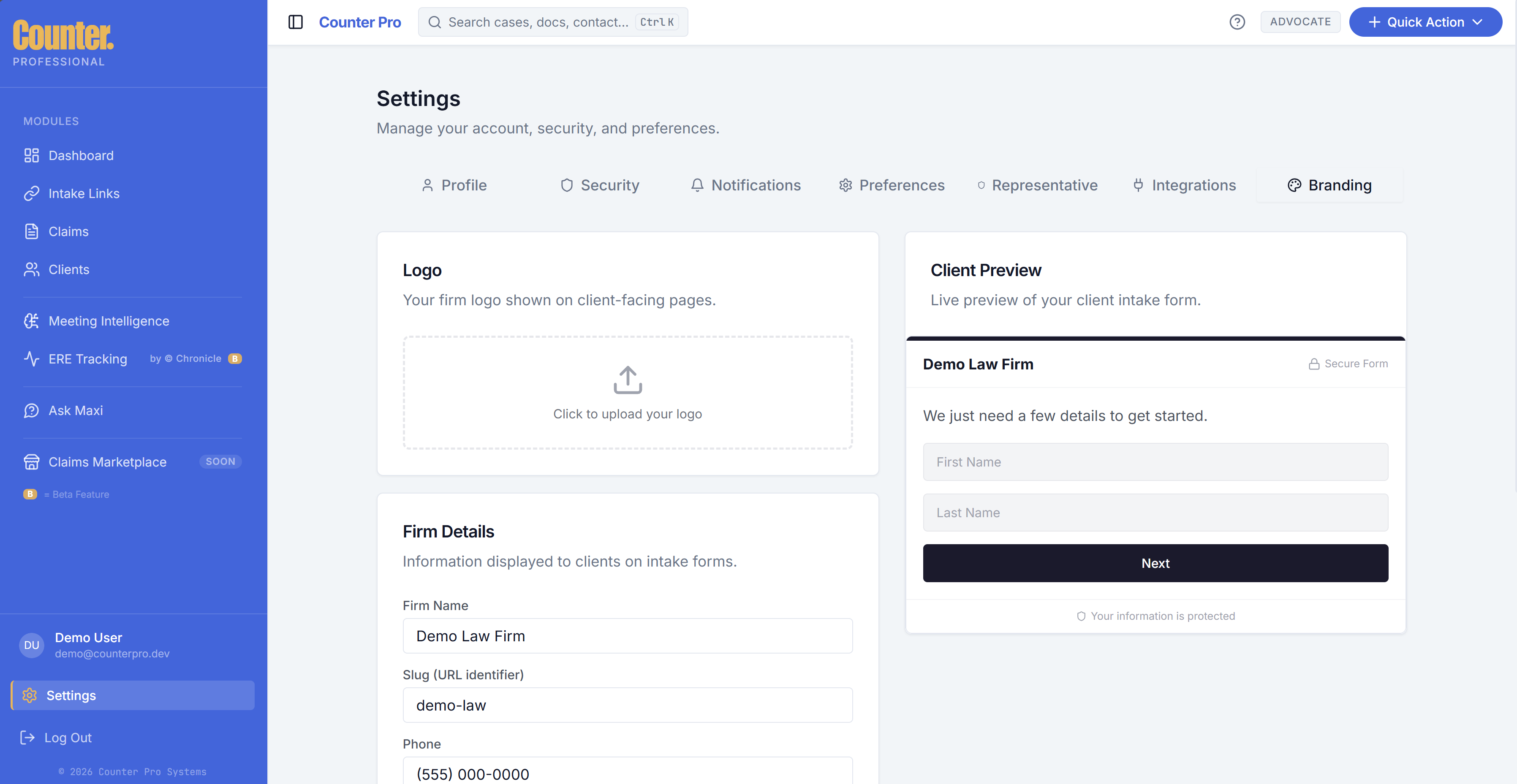 Advocate Settings branding