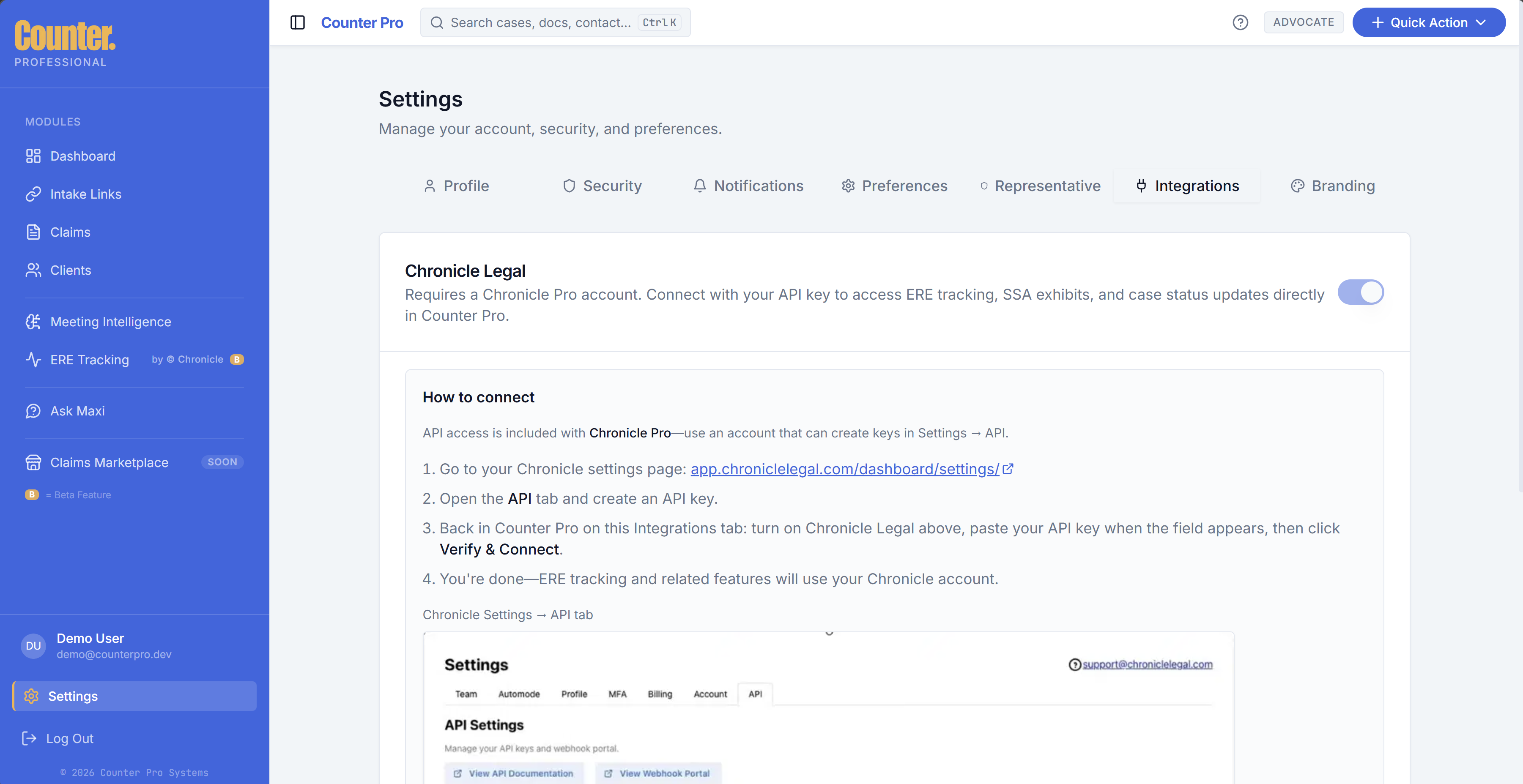 Advocate Settings integrations