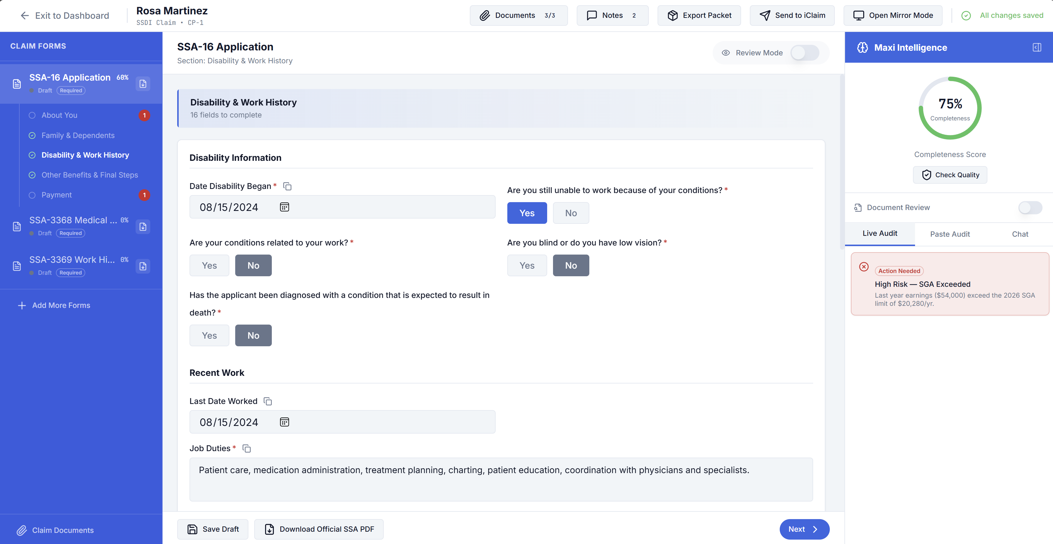 SSA-style forms in intake workspace