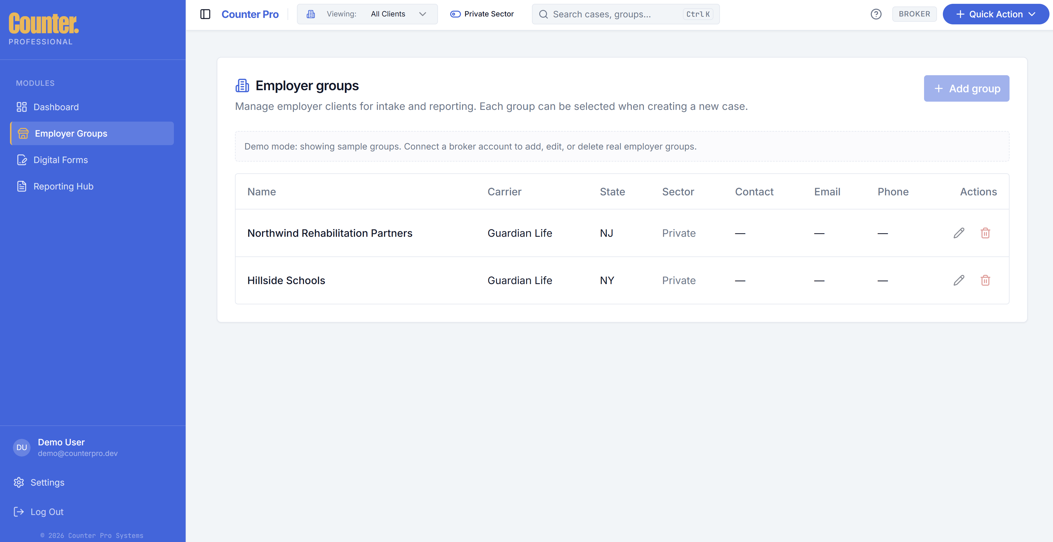 Employer Groups table