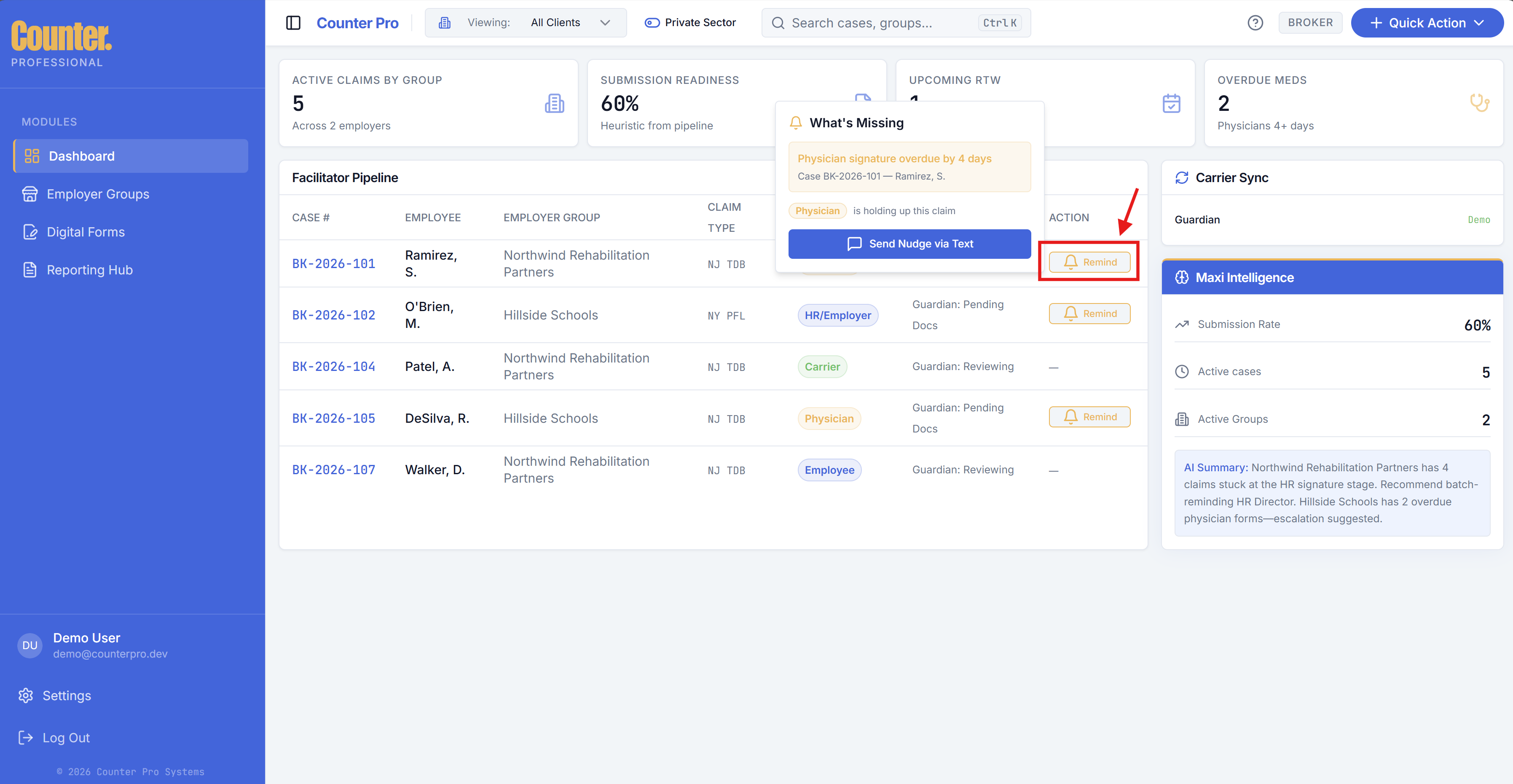 Full claim workspace with smart nudge