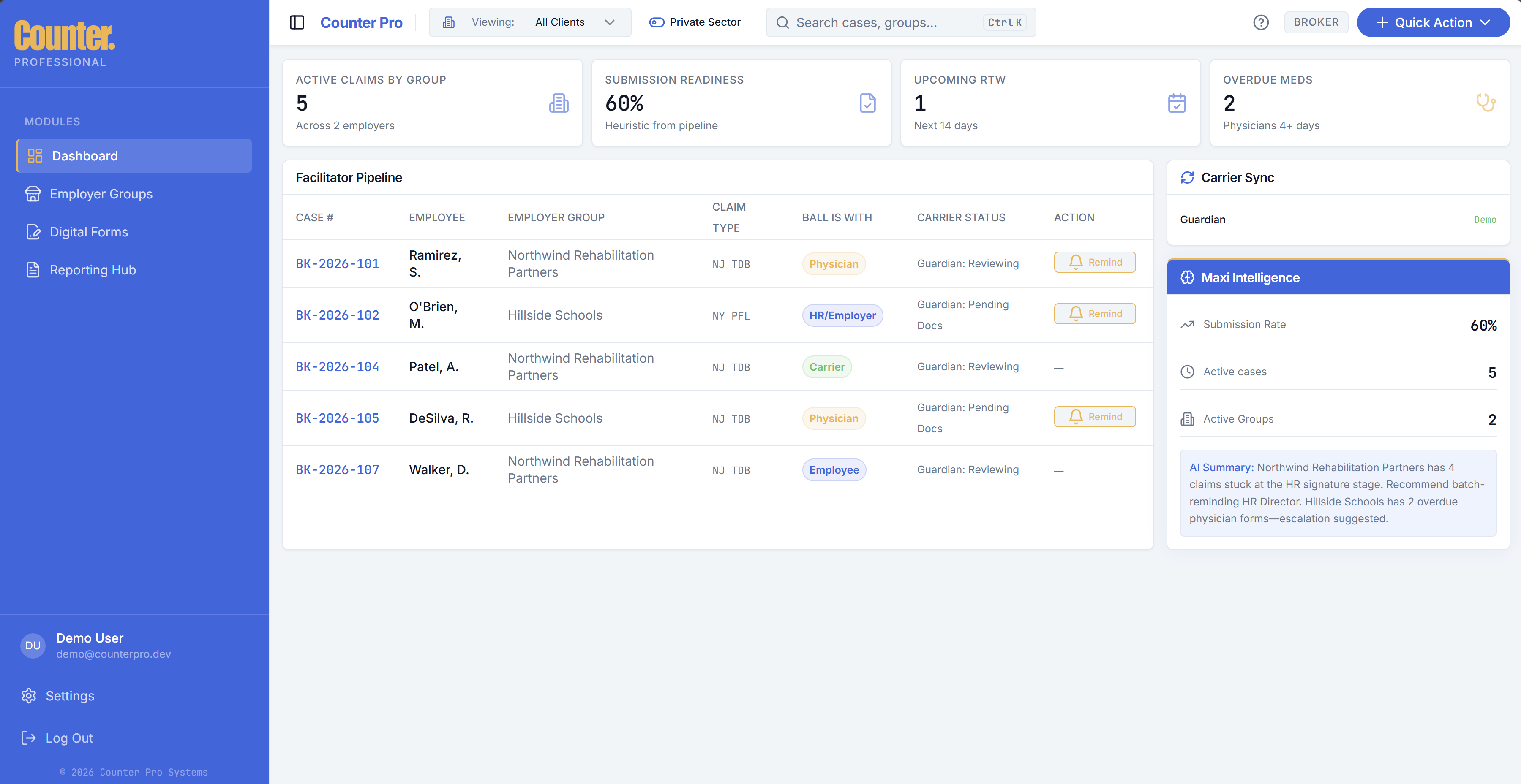Broker app overview with sidebar and case list
